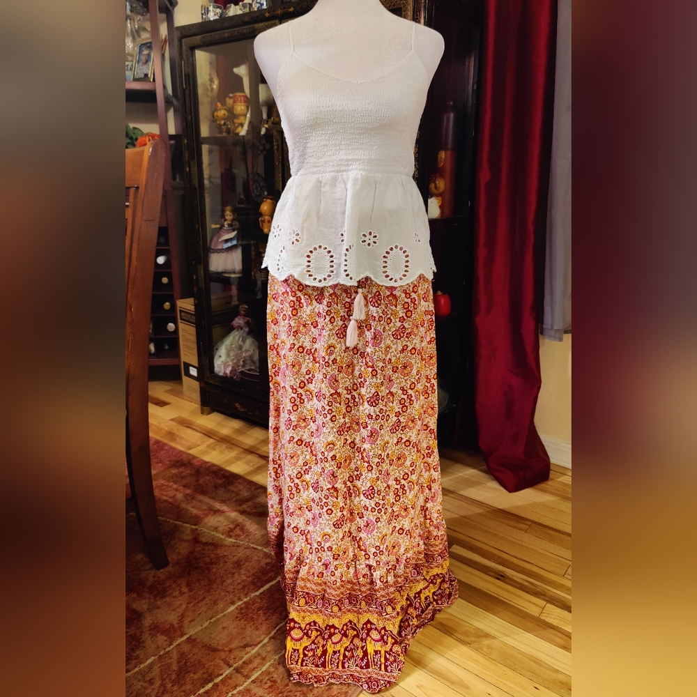 Lance Cade Floral and Camel Print Bohemian Maxi Skirt